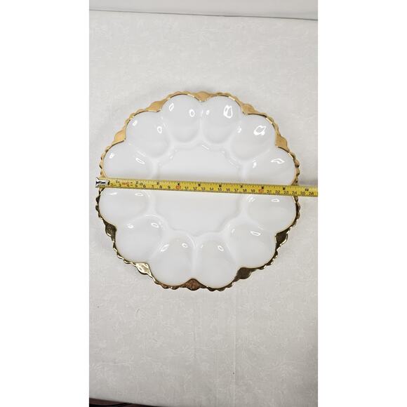 Vintage Gold Edge White Milk Glass Oyster Deviled Egg Plate Anchor Hocking 10” - Picture 6 of 7